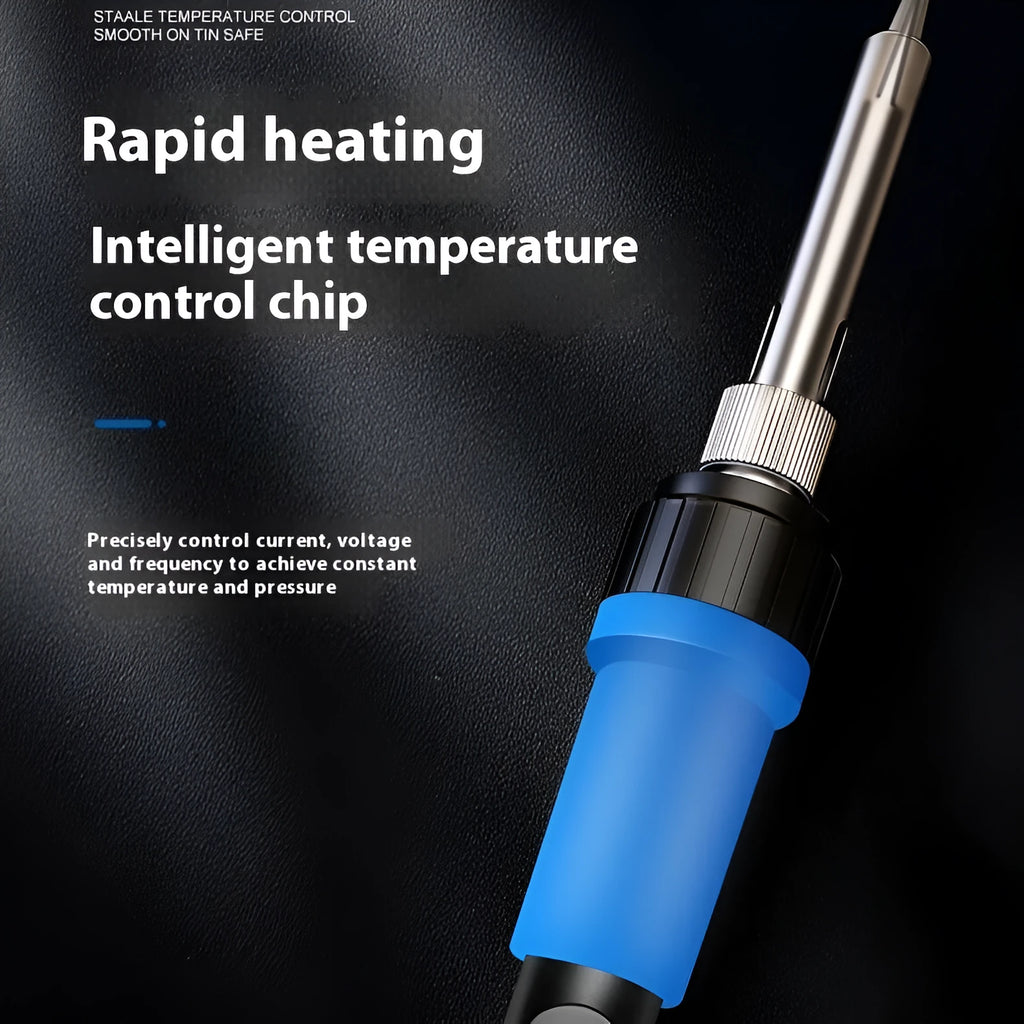 Grey 90W electric soldering iron with ceramic heating core, adjustable temperature, and set of five tips.
