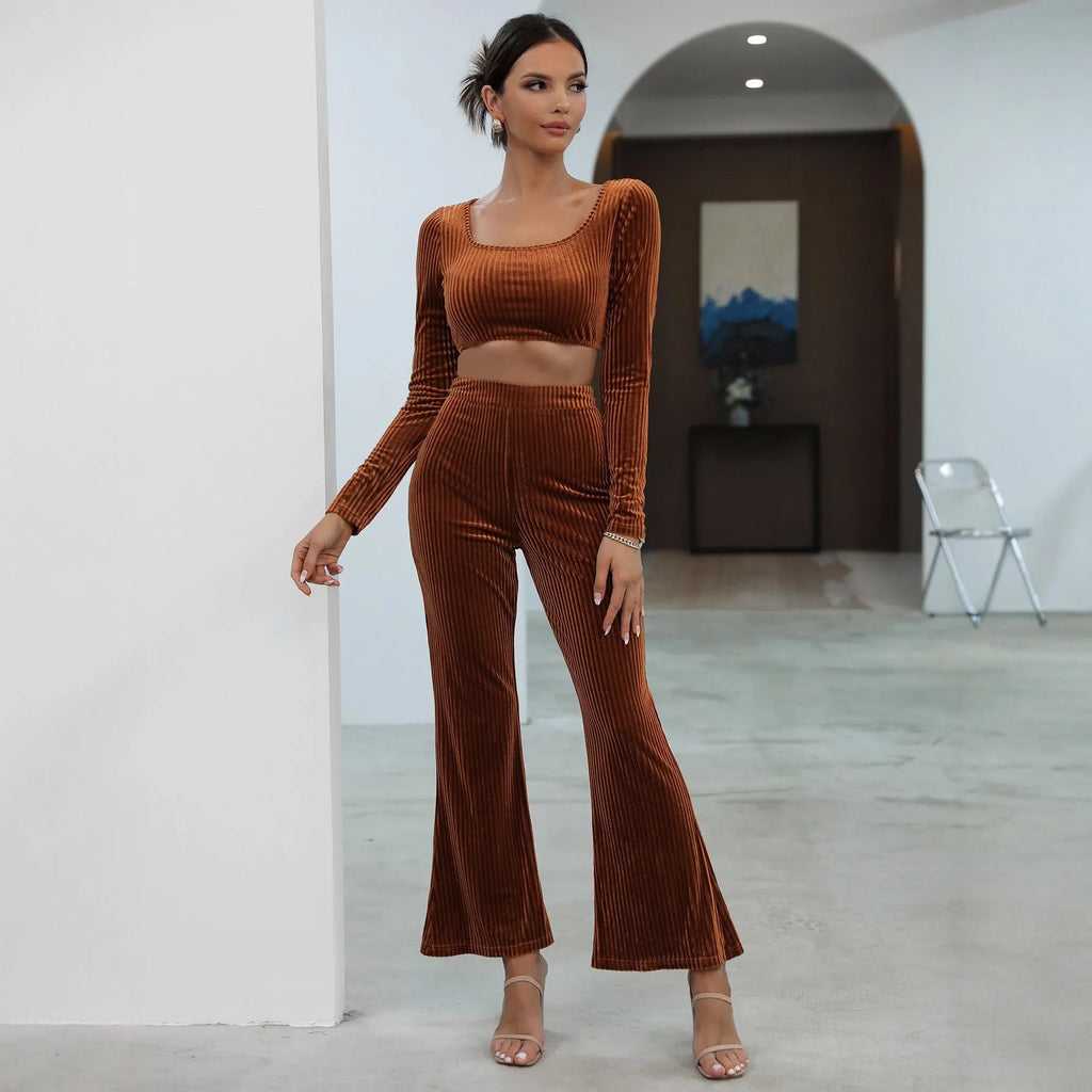 Caramel coloured long sleeve sweater set with top and pants in polyester spandex fabric