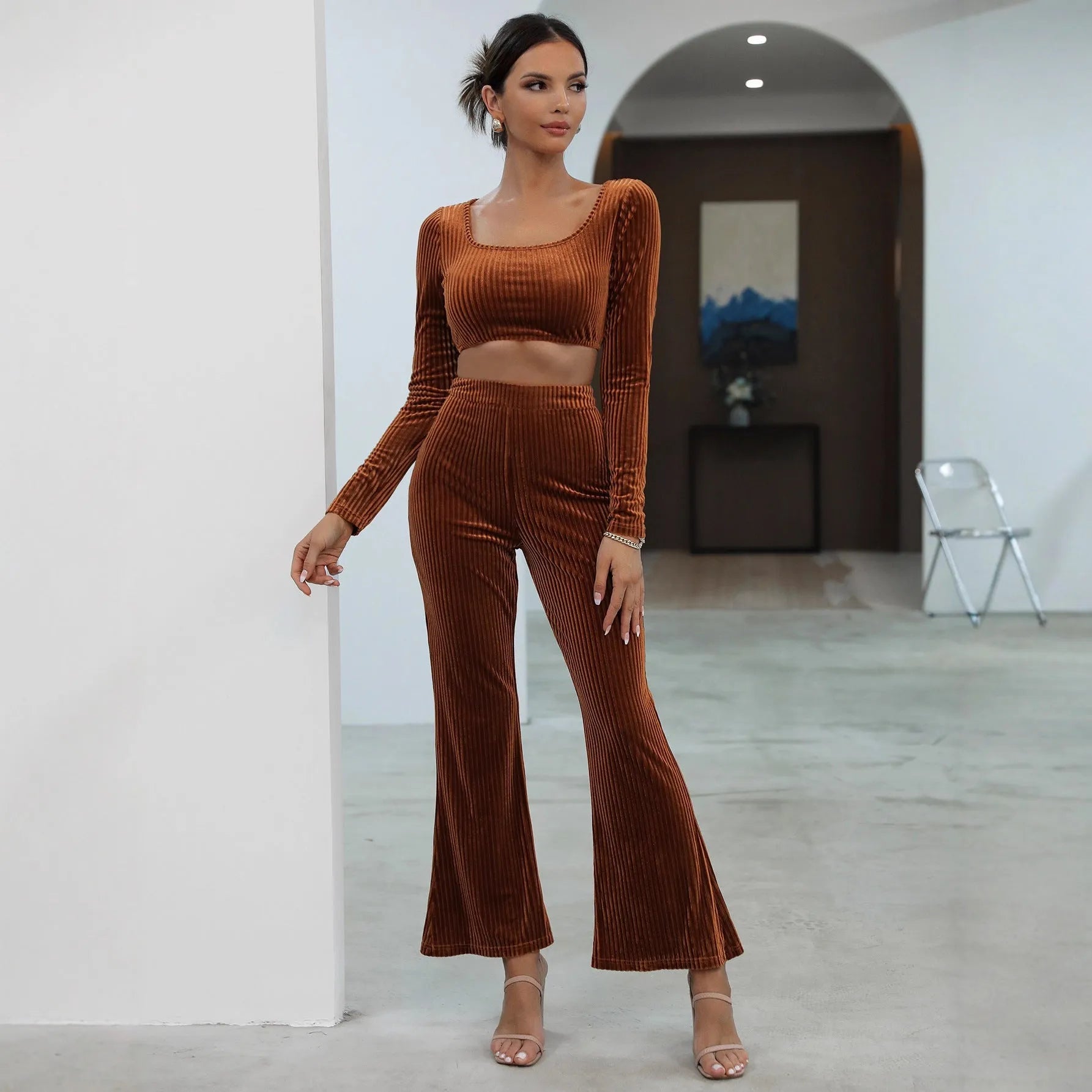 Caramel coloured long sleeve sweater set with top and pants in polyester spandex fabric