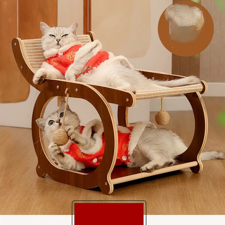Solid wood cat scratching bed with sisal mat in walnut colour.