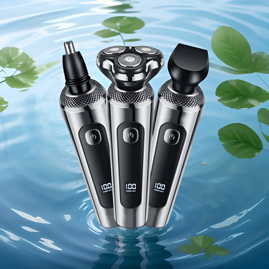 USB rechargeable beard trimmer with digital LED display and five-in-one comb base bracket.