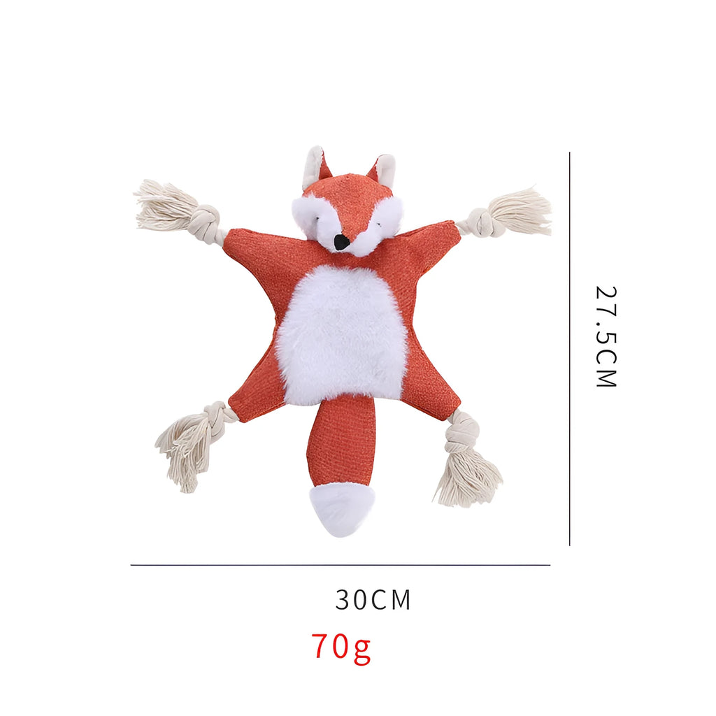 Brown fox dog toy with squeaker and crinkle paper, cotton rope arms and legs, embroidered eyes