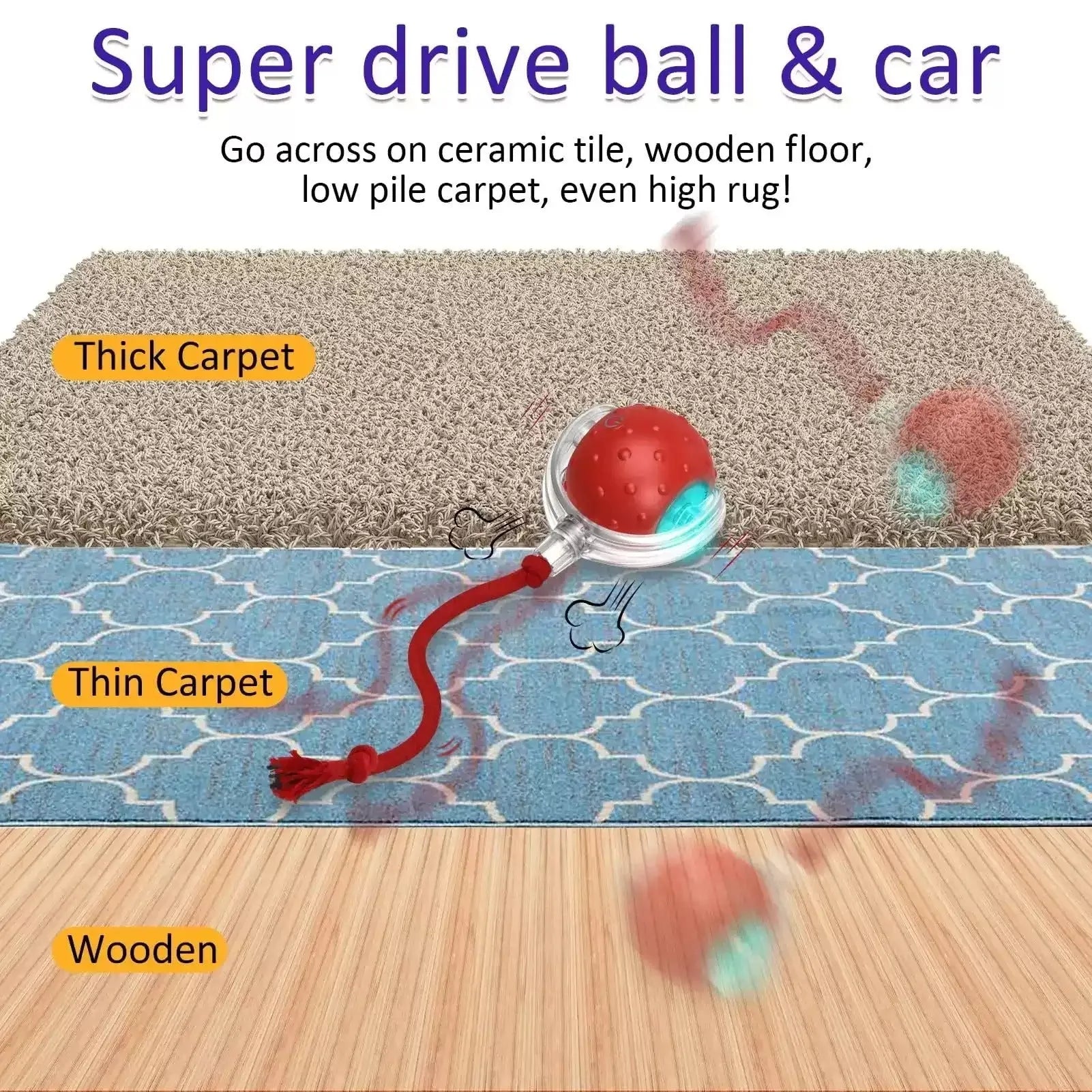 Red interactive cat toy ball with super drive rolling mechanism on a plain background.