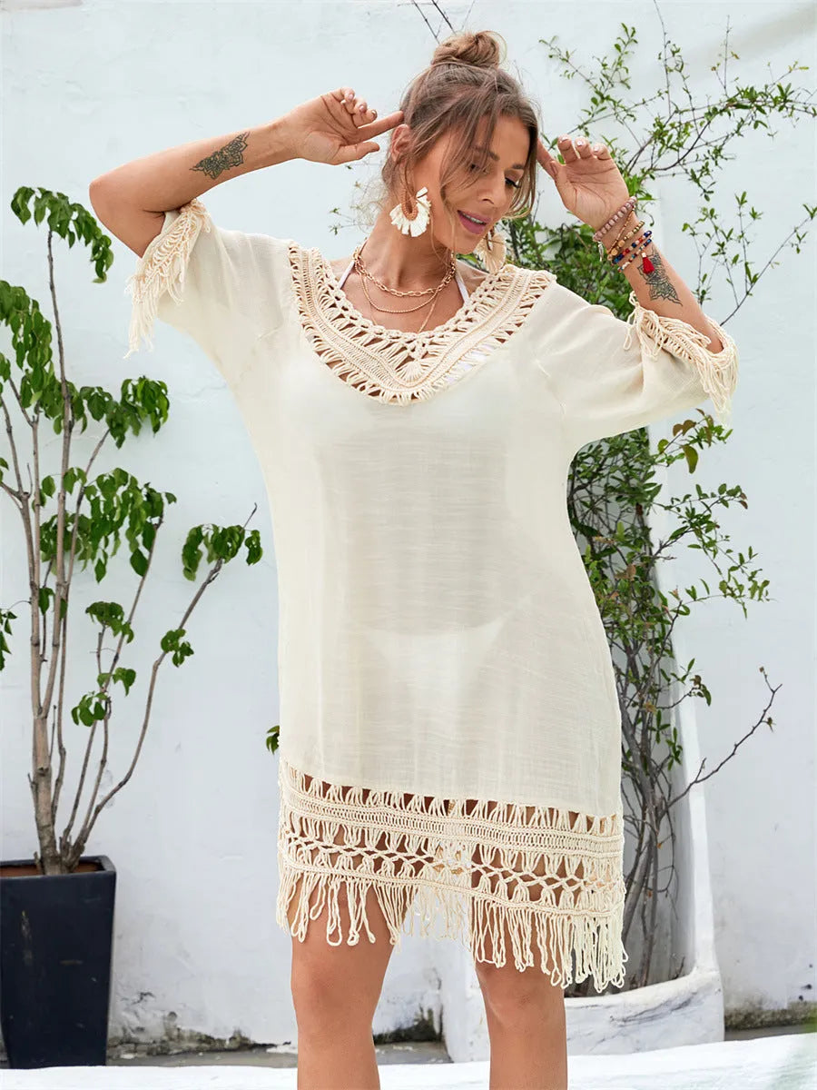 Apricot-coloured women's beach dress with hand-crocheted detailing and polyester lining
