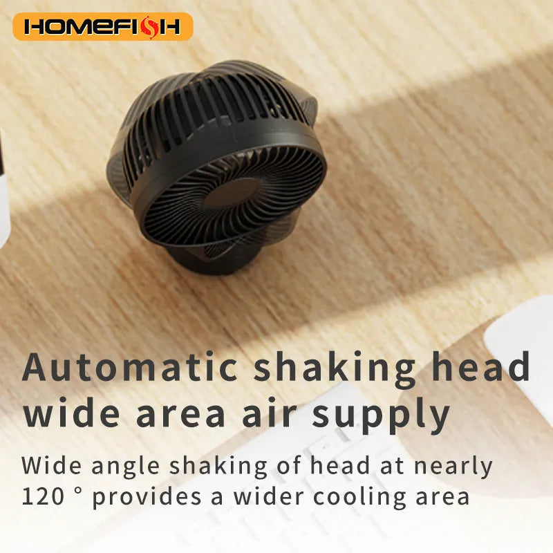 HOMEFISH F2 automatic shake head fan with LED light on removable bracket, showing USB port.