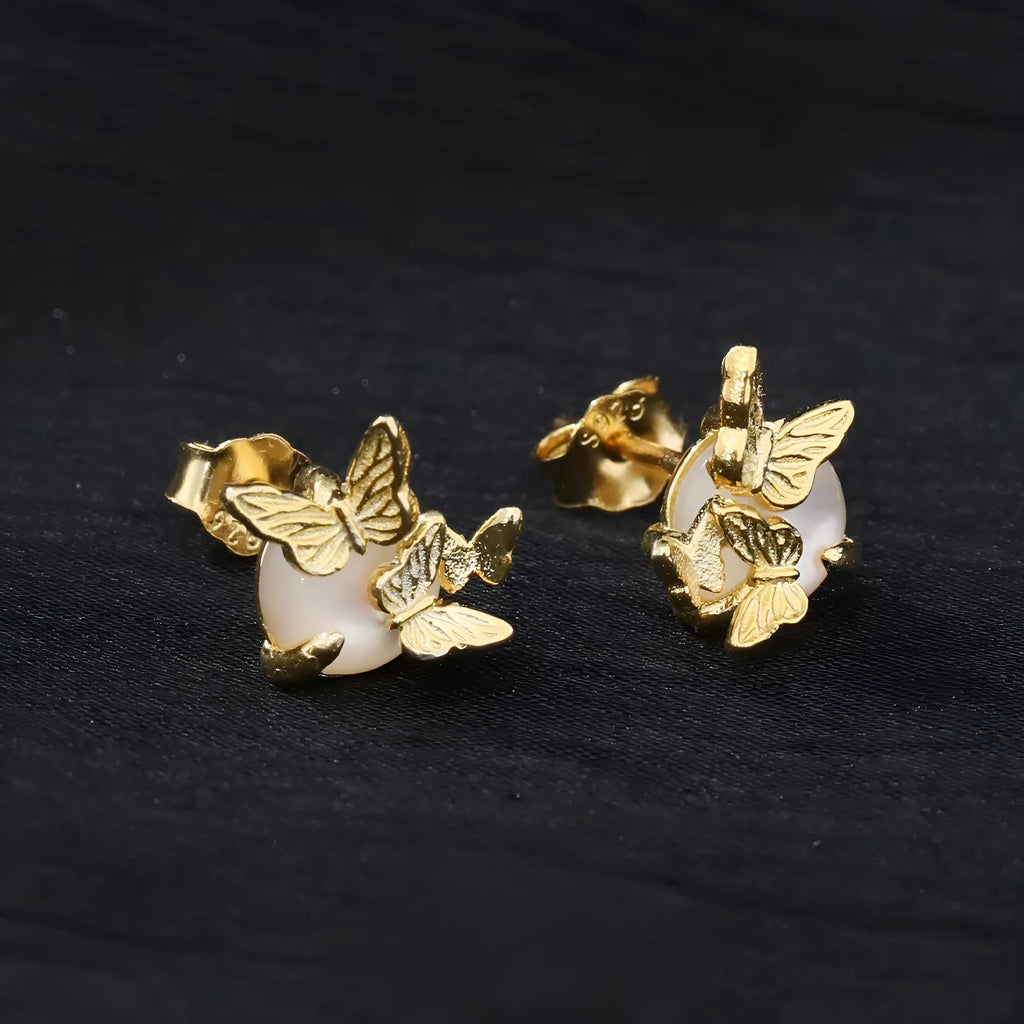 925 silver butterfly ear studs with electroplated finish in white gold or gold colour options