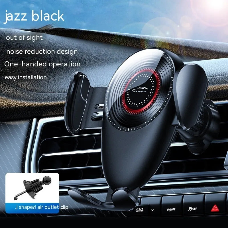 Black universal car phone bracket mounted on car air vent holding mobile phone