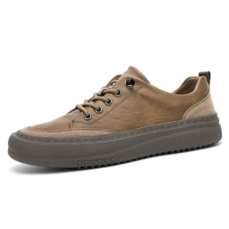 Men's black round toe leather casual shoes with lace-up front on a white background