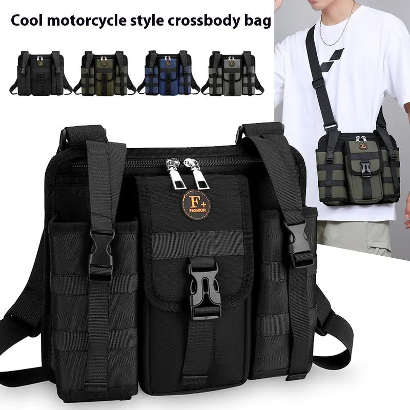 Oxford cloth leisure shoulder messenger bag in black showing dimensions and outdoor features