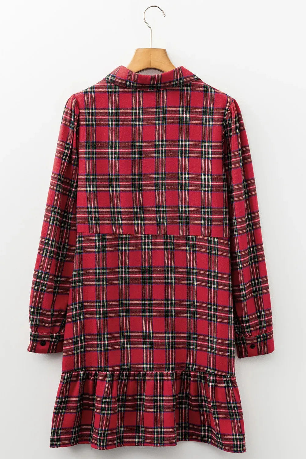 Red and white plaid women's mini dress with a shirt collar, half-button front, long sleeves, and a ruffle hem.