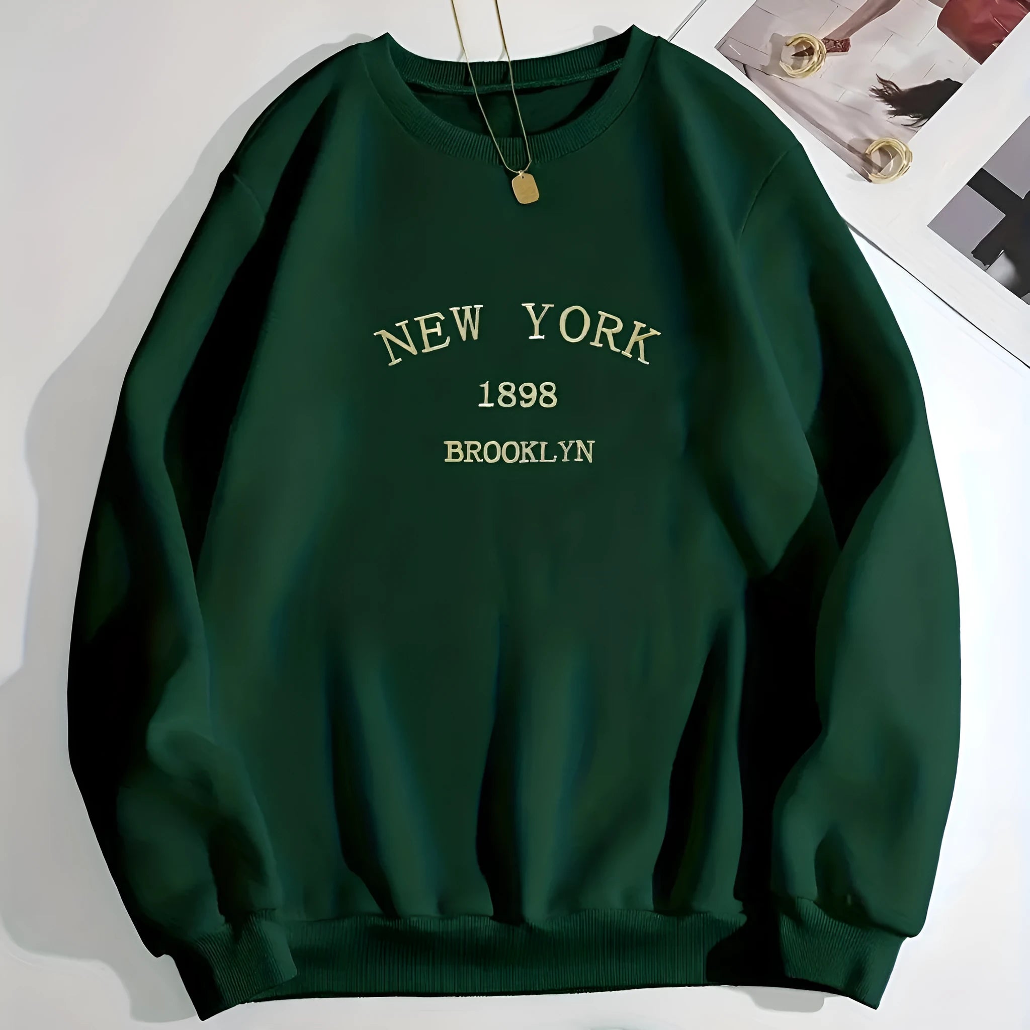 Loose casual round neck pullover top long sleeve polyester Korean style top for women green