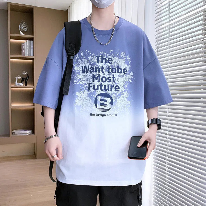 Boys cotton t-shirt with printed text pattern in dark blue colour with drop-shoulder short sleeves