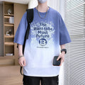 Boys cotton t-shirt with printed text pattern in dark blue colour with drop-shoulder short sleeves