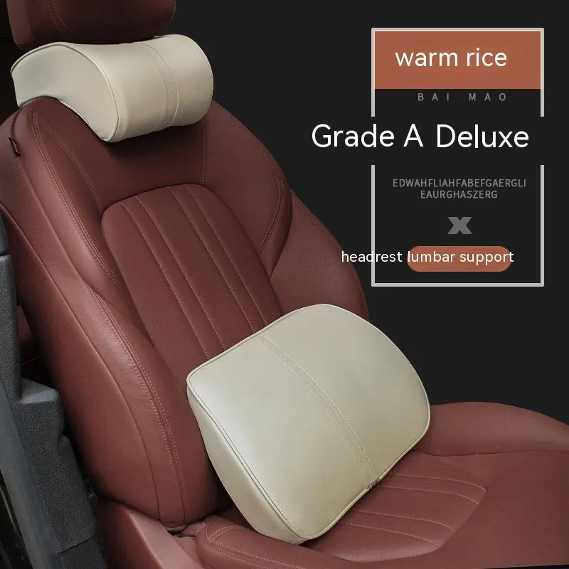A solid-colour memory foam car cushion, shown as both a headrest pillow and a lumbar support, in a neutral brown shade.