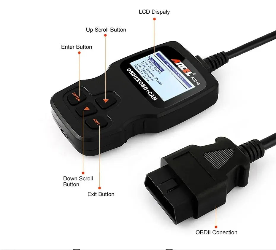 Black OBD2 automobile fault detector scanner for engine diagnostics