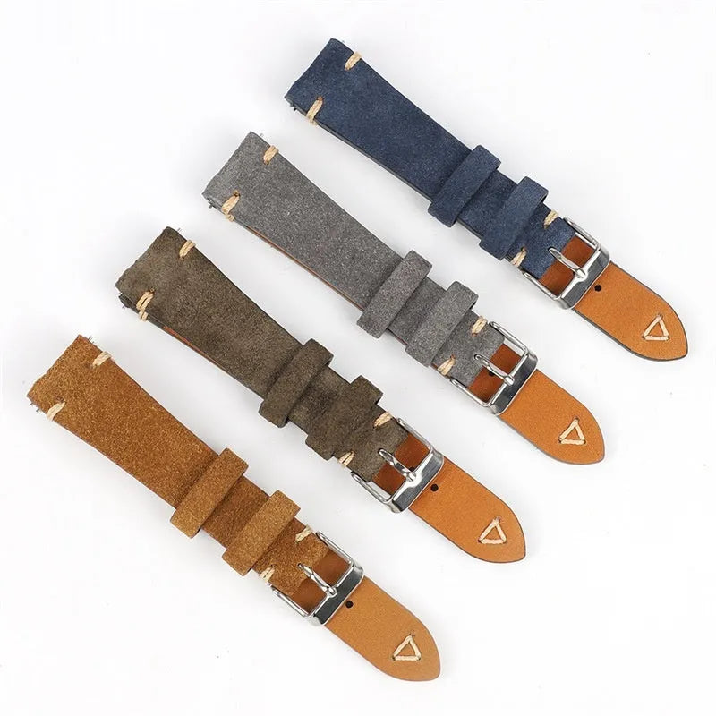 Genuine suede leather watch strap in brown, blue, gray, and army green colours showing 20mm and 22mm width options.