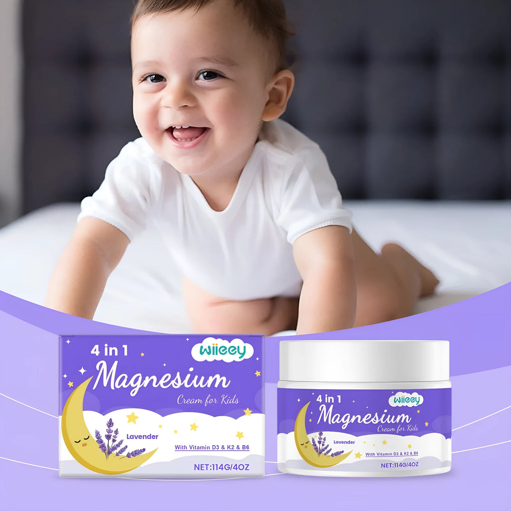 4 in 1 magnesium cream for kids in 114g container with vitamins and lavender oil