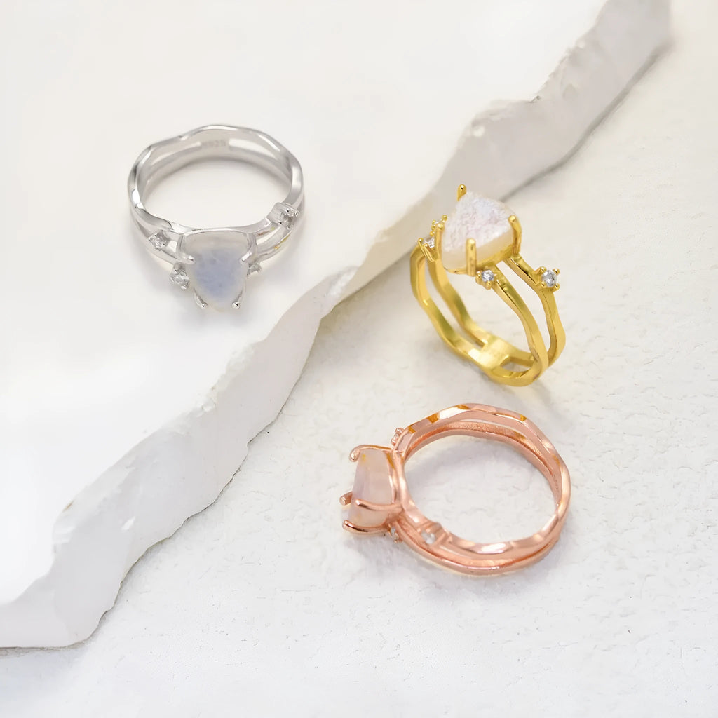 S925 sterling silver irregular triangle moonstone ring in rose gold, white gold, or yellow gold finish.
