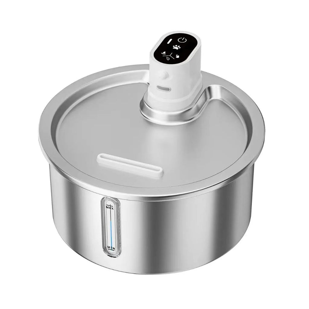 Stainless steel pet water fountain with heating base, shown in white colour.