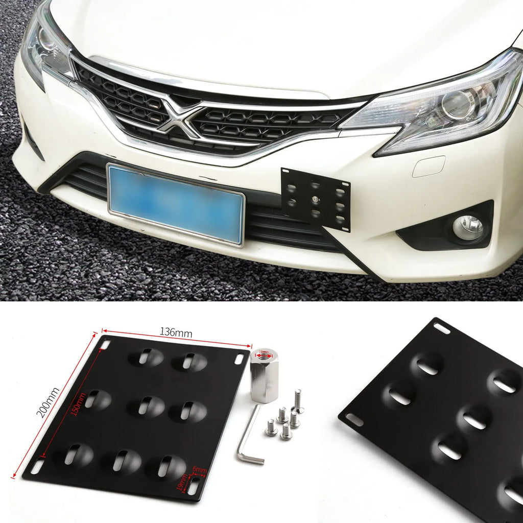 American-style metal car licence plate frame with an integrated central trailer hook.