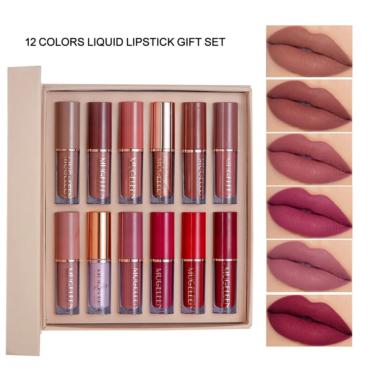 Matte shimmer lip glaze 12-piece set with non-stick cup formula in coordinated colours
