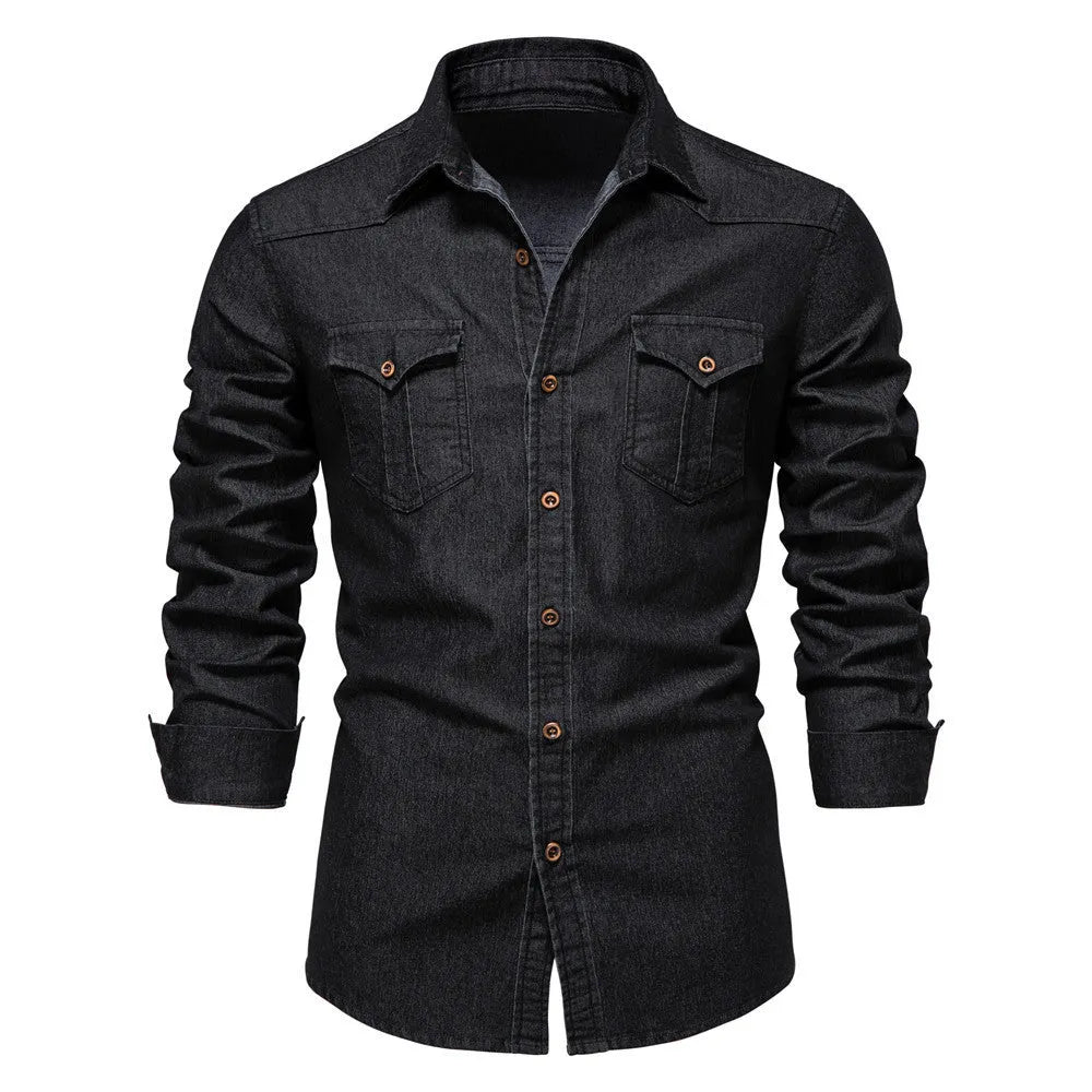 Men's slim fit long sleeve cotton denim shirt in a solid colour on a hanger