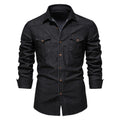 Men's slim fit long sleeve cotton denim shirt in a solid colour on a hanger
