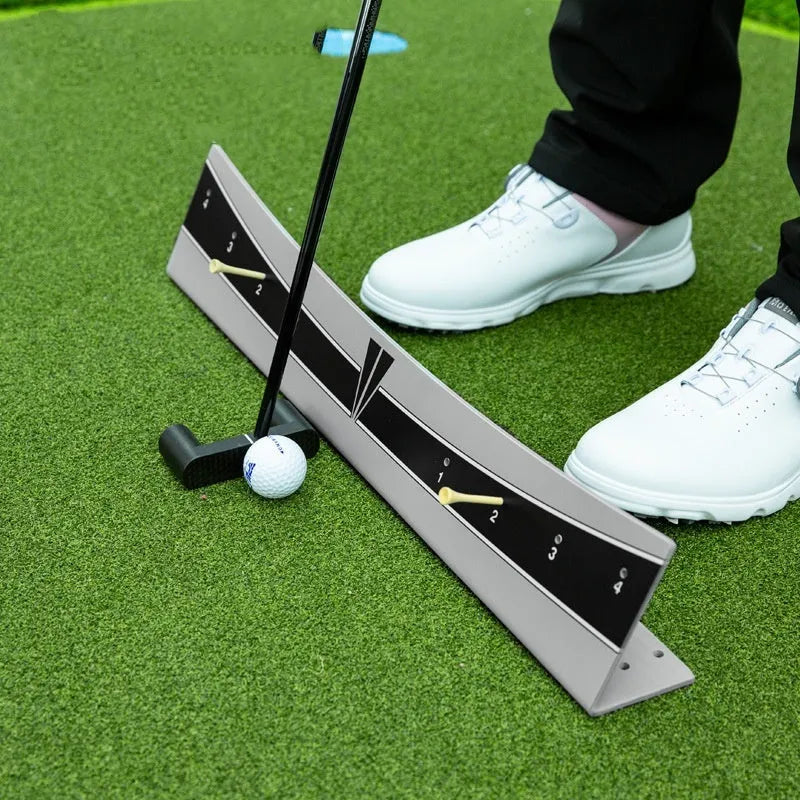 Adjustable golf putting swing balance trainer made from white PVC.