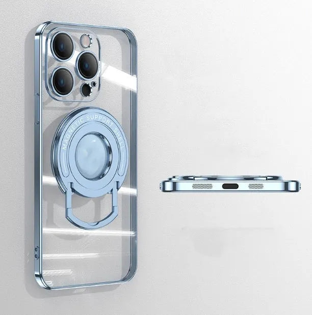 Transparent magnetic iPhone case with retractable stand pulled out, shown in far peak blue colour