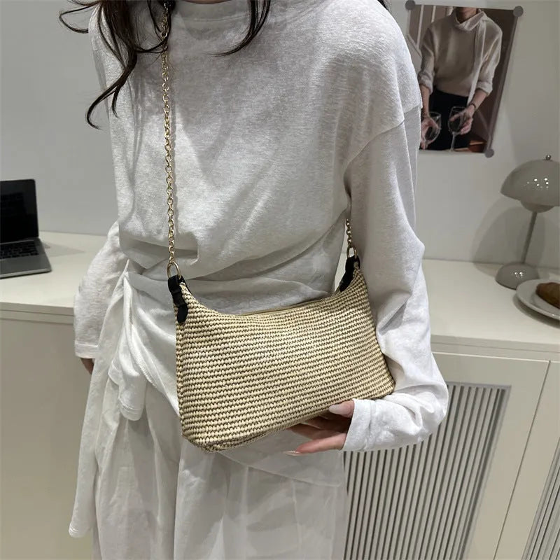 Straw woven shoulder tote bag in horizontal square shape with sandwich pocket and mobile phone compartment