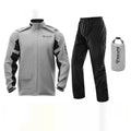 Motorcycle two-piece rain suit in black, including raincoat, rain pants, hidden shoe covers, and storage bag