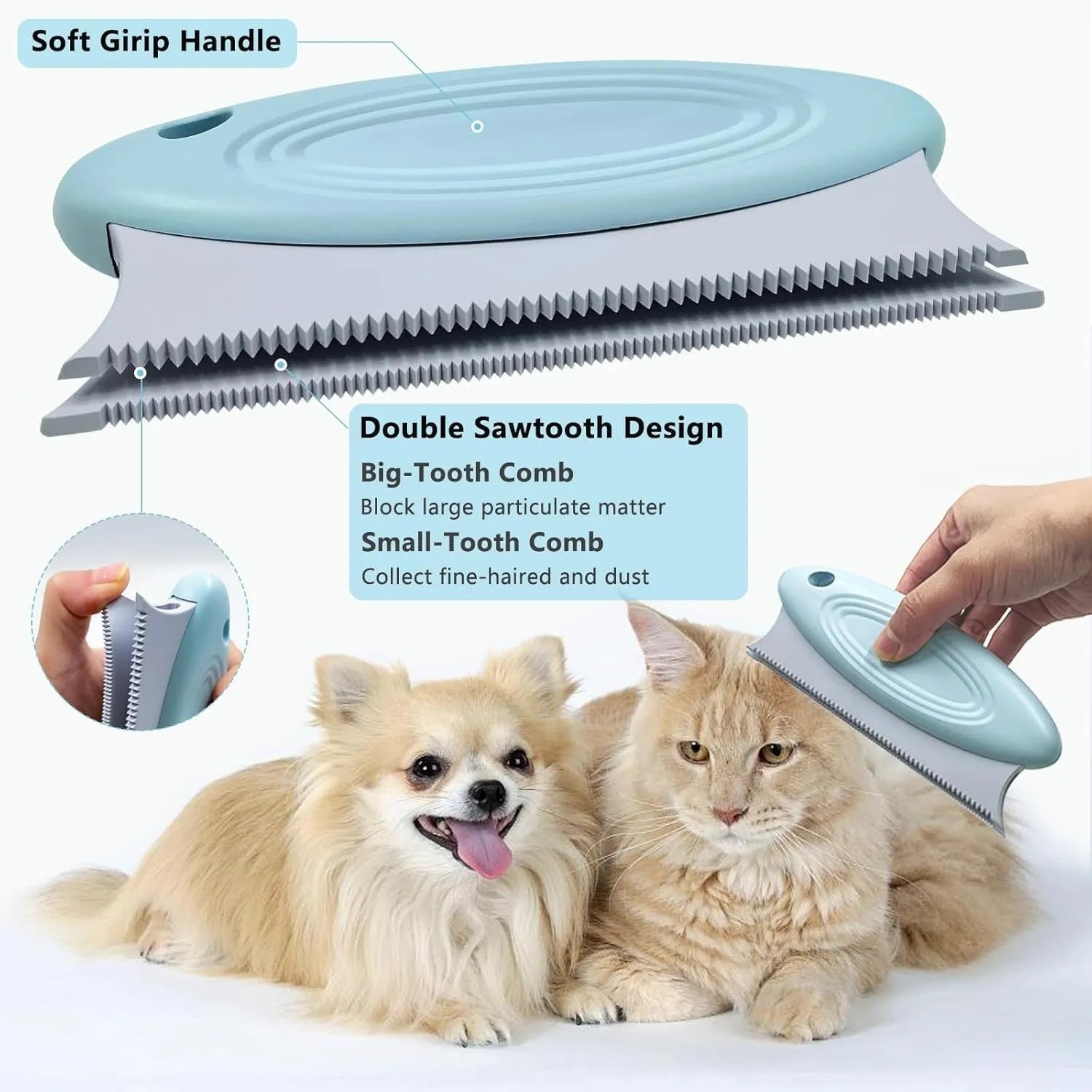 Three-piece pet hair remover set showing metal tool, silicone brush, and round ABS cleaner on a fabric surface.