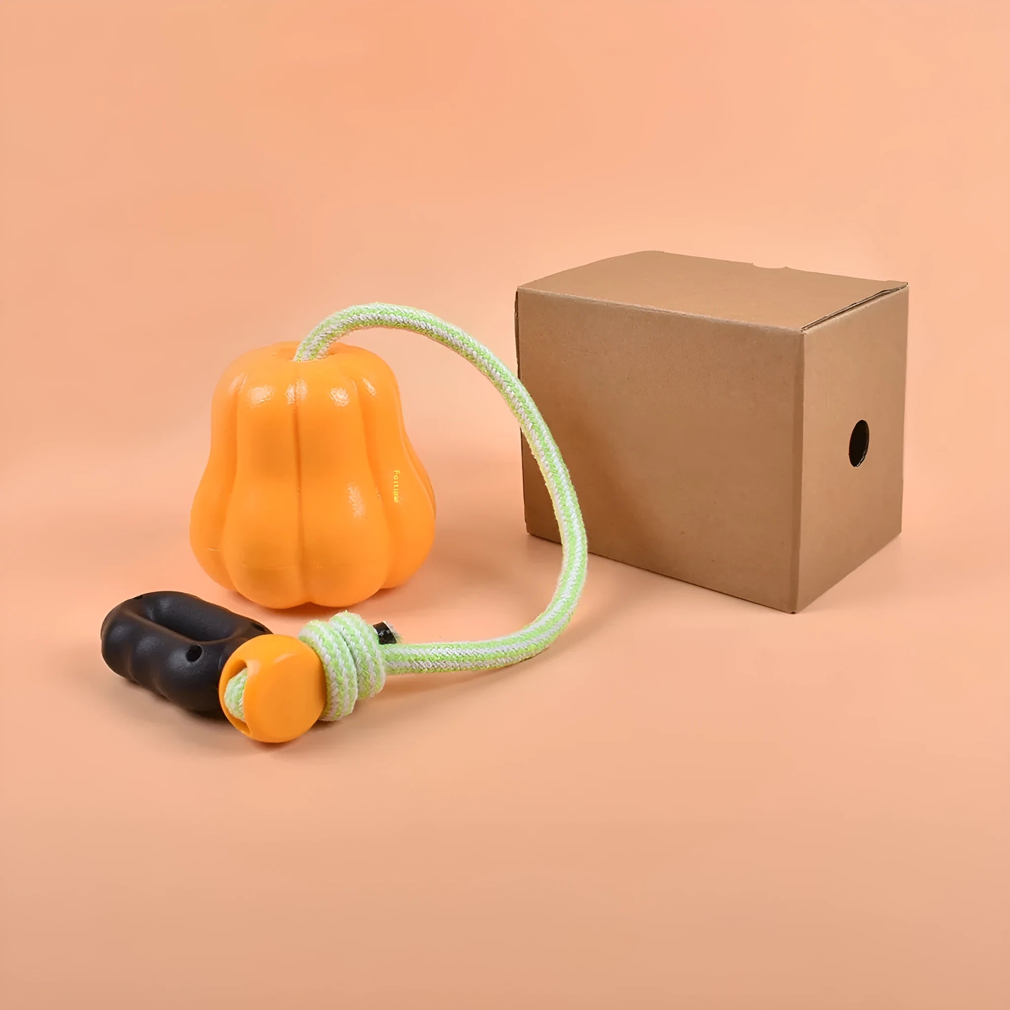 Orange Bite Molar plastic dog chew bone toy with an attached rope handle on grass.