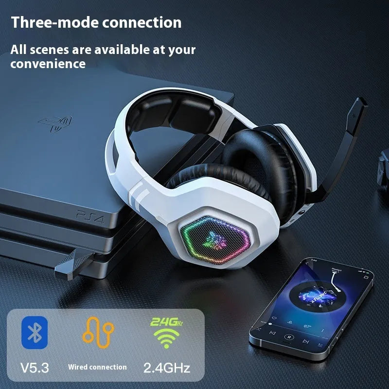 Black and white wireless gaming headset with RGB lights, showing 2.4G receiver and charging cable.