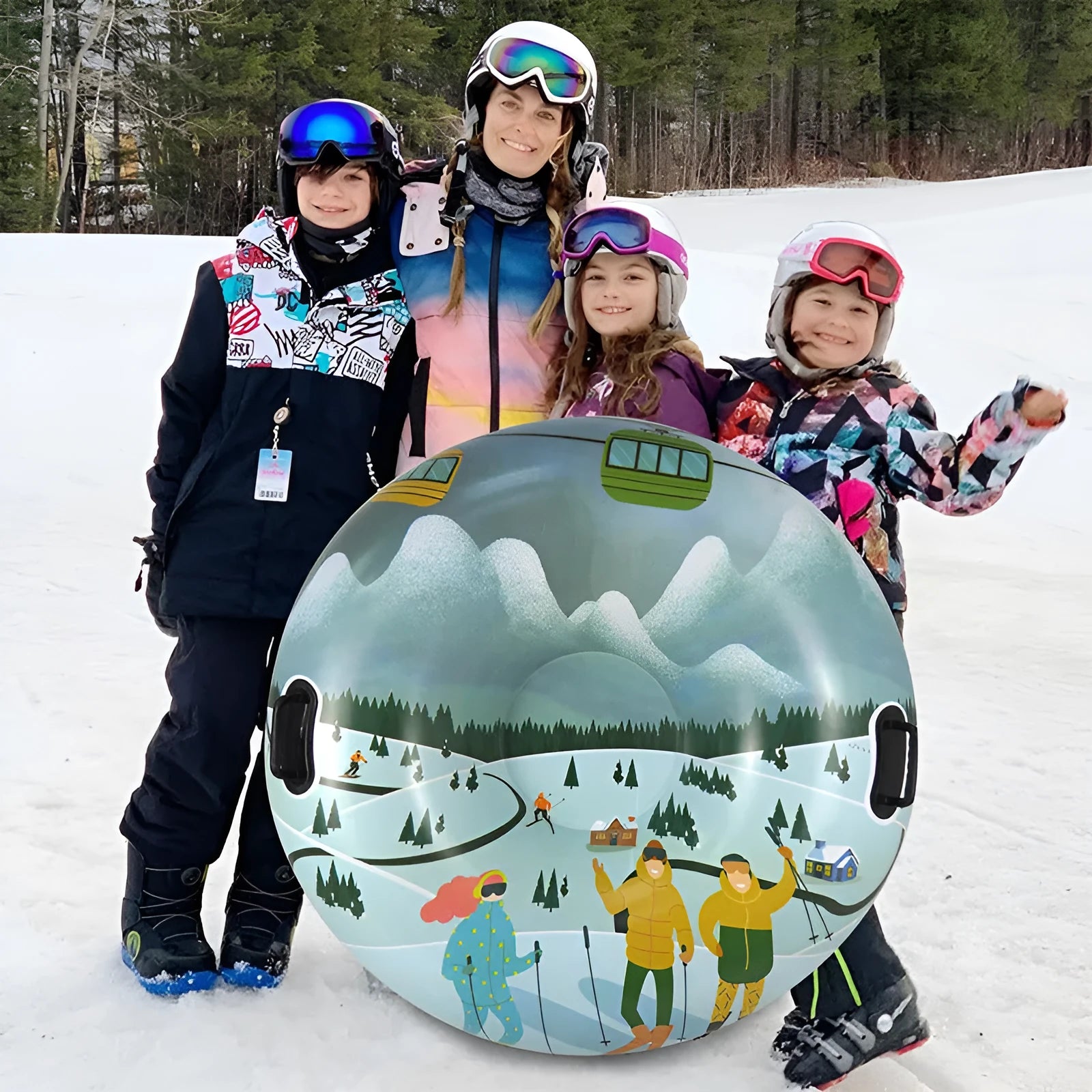Colourful PVC ski ring toy for outdoor winter snow play, shown in red, blue, and mountain print options.