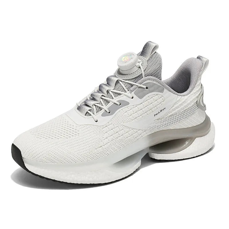 Rotating buckle running shoes in white with breathable mesh upper and low-top design