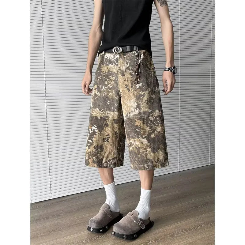 Yellow snake pattern camouflage cropped jeans on hanger