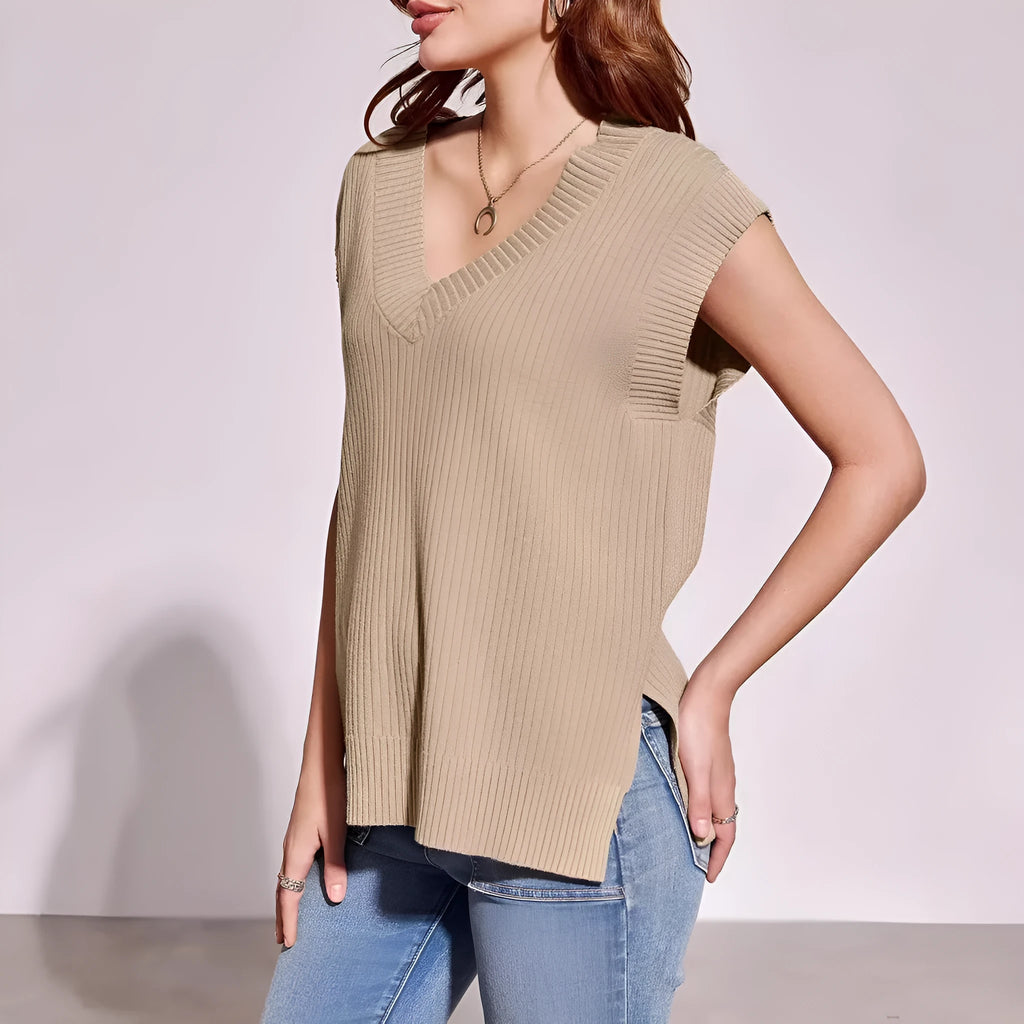 Women's V-neck sleeveless pullover vest in striped pattern with loose fit