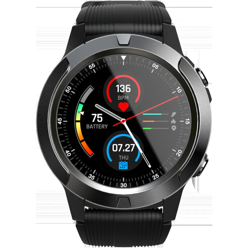 Black men's smart watch with Bluetooth call functionality and fitness tracking features on wrist
