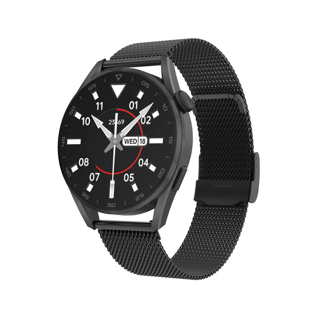 Smart watch with metal wristband and 1.3-inch screen showing Bluetooth call interface