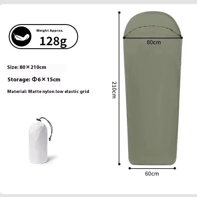 Blue or green mummy-style nylon camping sleeping bag showing tapered design and lightweight construction