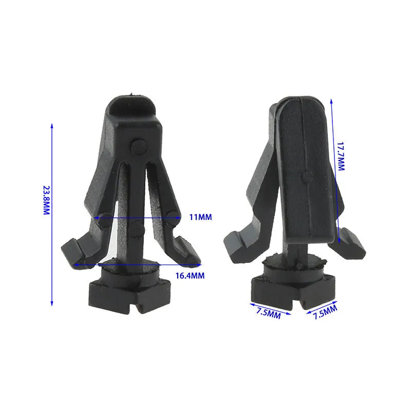 Black plastic Nissan bumper cover radiator grille fastening clip with part number 76882-0M060