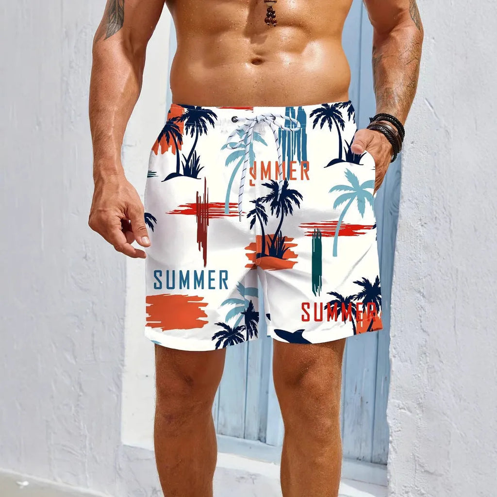 Man's blue 3D print micro-elastic swimming trunks on a white background