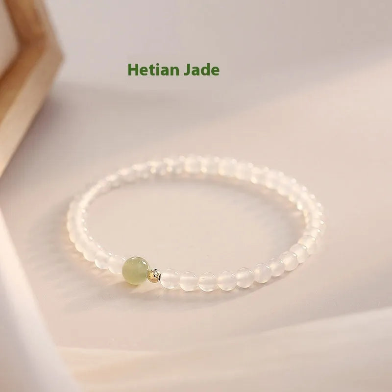 Natural white agate bracelet for women with 15cm circumference, showcasing handmade New Chinese style.
