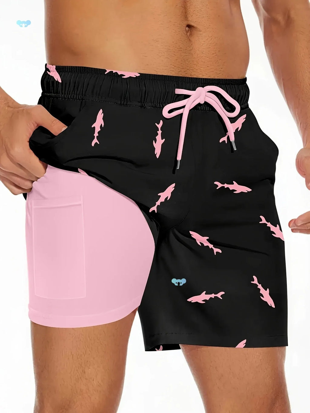 Men's black swim shorts with a printed shark design and white drawstring waistband