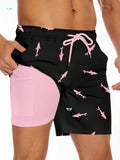 Men's black swim shorts with a printed shark design and white drawstring waistband