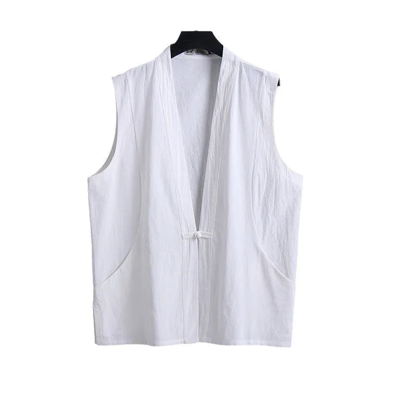 Men's loose-fit linen sleeveless vest in a solid colour on a hanger