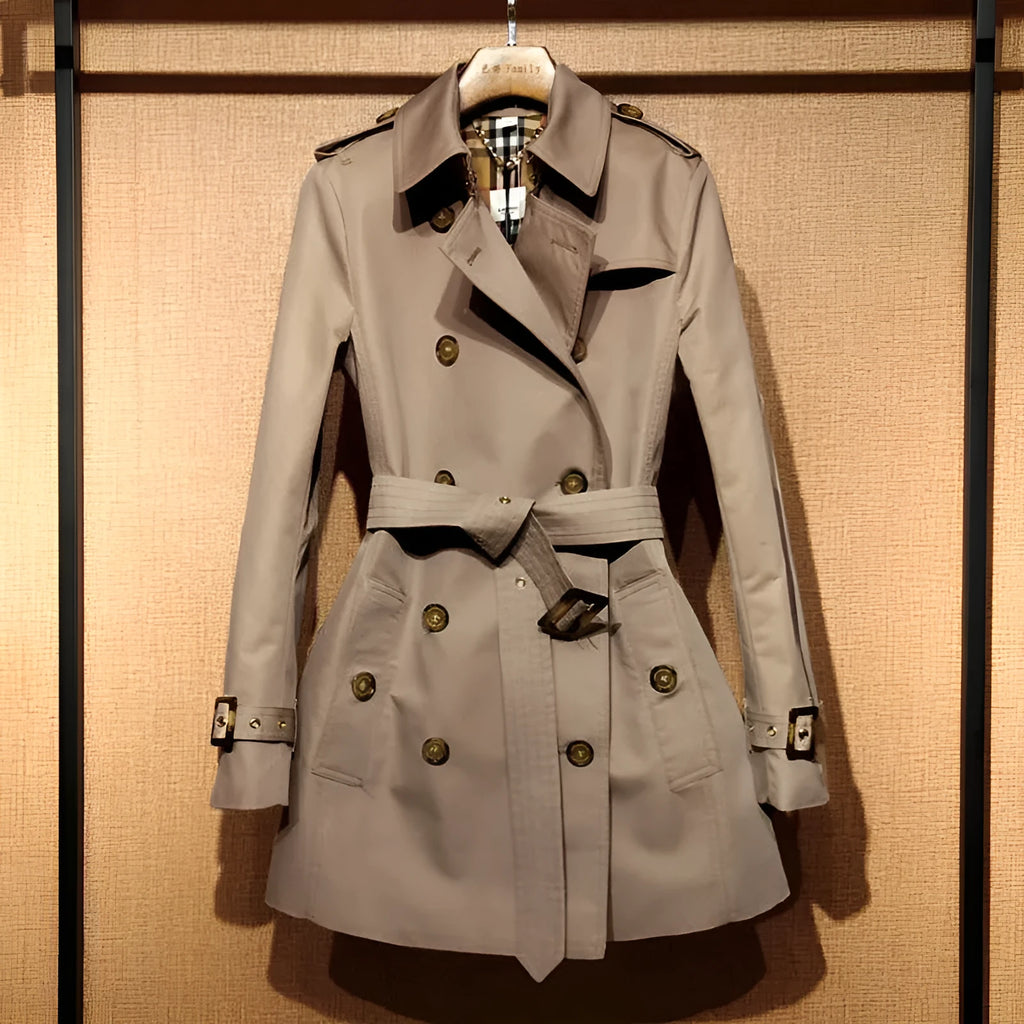 Women's khaki British double-breasted trench coat with flight sleeves on hanger