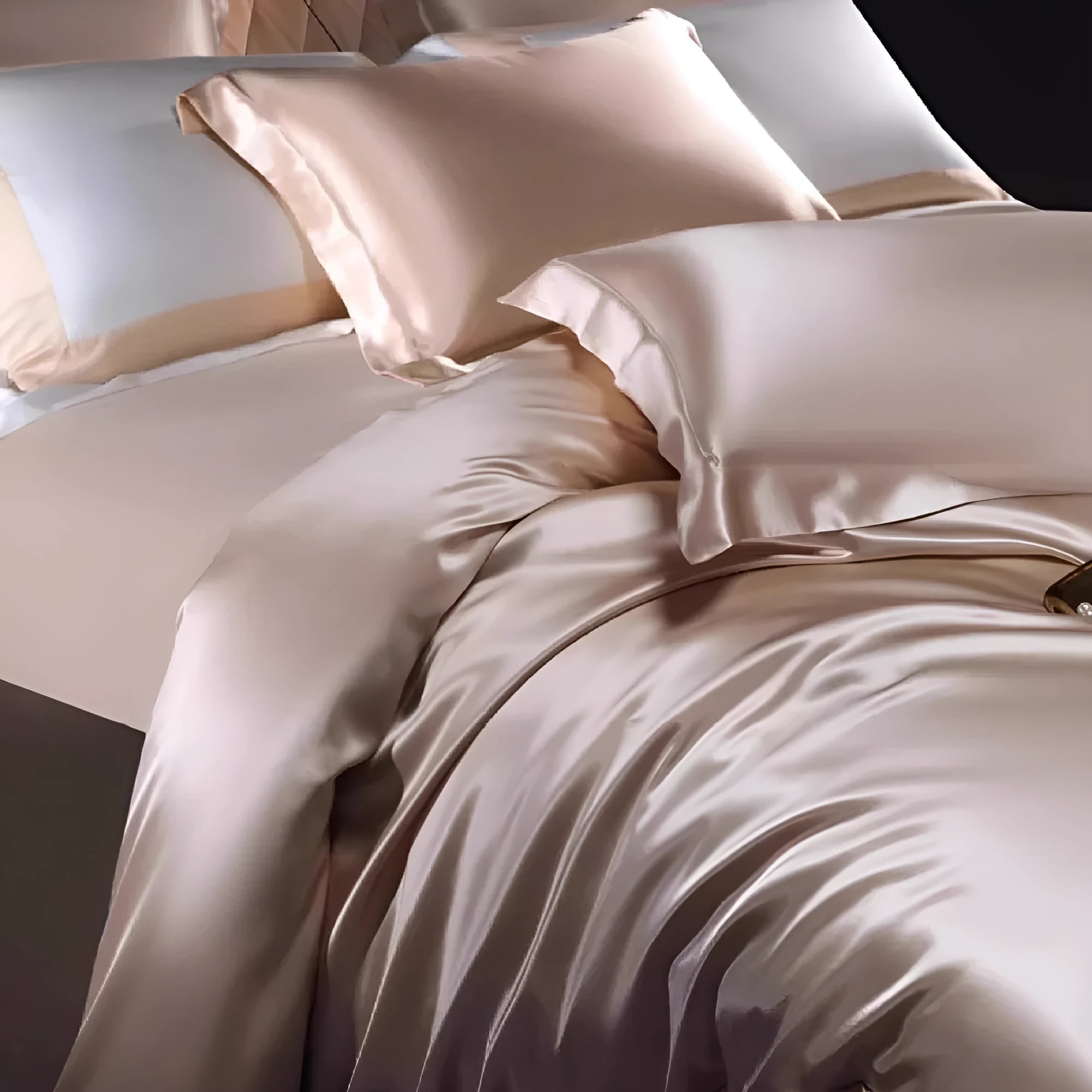 Silk four-piece quilt cover set in a solid colour, shown on a bed.