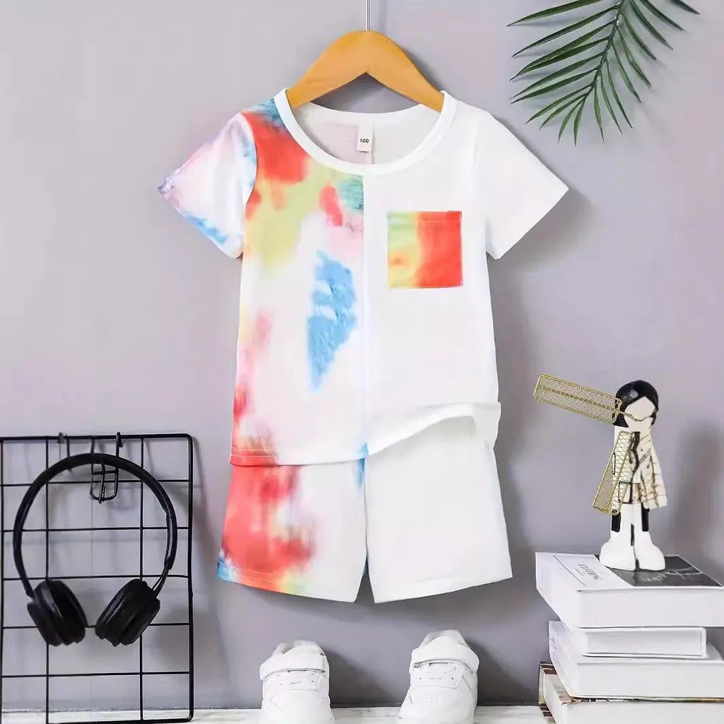 Boys casual summer cotton blend short sleeve T-shirt and shorts two-piece set with cartoon pattern